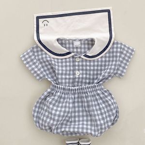 Pagliaccetti Vestiti estivi per bambini ragazze semplici plaid a maniche corte Tshirt vestito per bambini bambolina colletto top pantaloncini stile college 230427