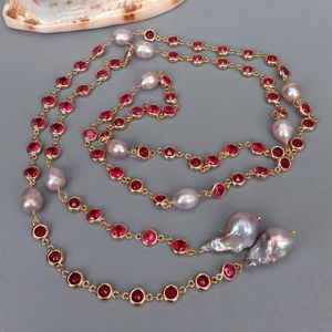 Chokers Y.YING Cultured Purple Keshi Pearl Fuchsia Color Cz Pave Long Chain Long Necklace 49" 230428