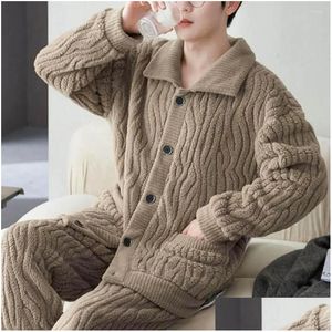 Mens Sleepwear Men Winter Pyjamas Set Thicked Cozy Homewear Plush Lapel Pyjama med Elastic Midje vattenvåg för Drop Leverans Appeal DH8KT