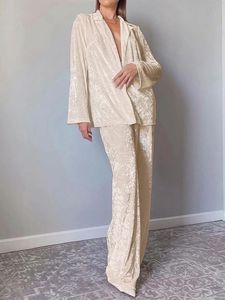 Kadınların İki Parçalı Pantolon Hiloc Velvet Sweetwear Uzun Kollu Kadın Setleri Yakıt Nightwear Pijamalar Örgü Pantolon Takımları Tek Kruvaze Ev Takımı 231127