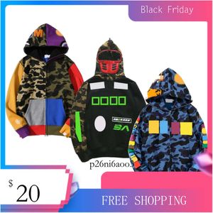 Bapesta Mens Hoodies Camouflage Design Red Yellow Blue Splicing Fleece Sweater Plus Size 3XL dragkedja Tröja Lovers Sweatshirts Designer Fashion 784 Bapes Hoodie