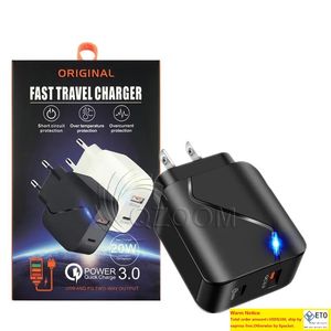 LED TYPEC 20W PD och QC Fast Charger US EU Plug for Mobile Cellphone Universal Wall Adapter med detaljhandelspaket