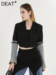 여자 양복 블레이저 디트 패션 여성의 데님 패치 워크 블레이저 노르칭 칼라 싱글 버튼 긴 슬리브 짧은 옷 재킷 가을 7AB010 231127