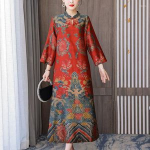 Этническая одежда китайская стенд воротник женский с длинным рукавом свободный Qipao облачный пряжа