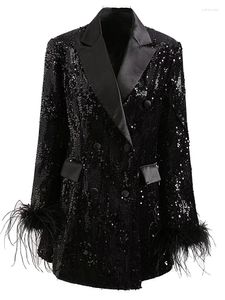 Women's Suits Coat Autumn Fashion Ladies Party Black Sequin Feather Luxury Temperament Chic Long Sleeved Mini Windbreaker