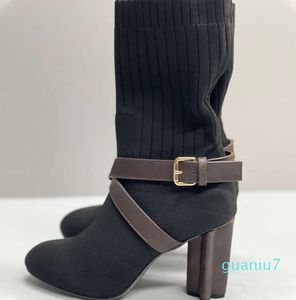 Botas têxteis elásticas com salto alto e meia, sapatos femininos bordados com plataforma