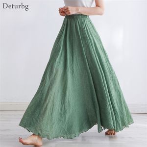 Skirts High Quality Cotton Linen Maxi Skirt Womens Casual Elastic Waist Pleated A-Line Beach Boho Saia Feminina Faldas Jupe 230427