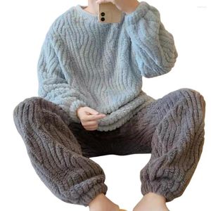 Men's Sleepwear Men Flannel Pajama Pants Set Long Sleeve Warm Solid Color Round Neck Loungewear Thick Velvet Coral Fleece Nightgown