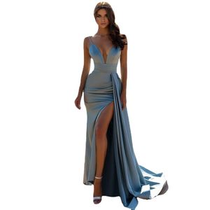 Jeheth Deep V-deck Slit Satyn Seksowne sukienki wieczorowe Syrenka 2 Strapy spaghetti Elegancka suknia imprezowa dla kobiet szat de koktajl