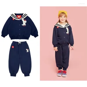 衣料品セットガールズトップパンツ2023秋の冬のプリントドッグネイビーブルーセーラーカラーは服のためにかわいい