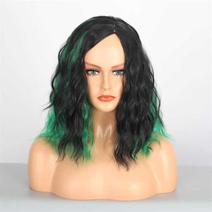 Perucas sintéticas peruca feminina preto verde gradiente bobo cabeça cos curto encaracolado cabelo fibra química hine cabeça capa