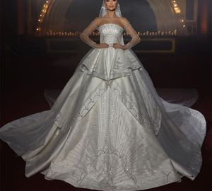 Luxury Ball Gown Wedding Dresses Long Sleeves Bateau Strapless Sequins Applique Lace Ruffles Bridal Gowns Beads Formal Dress Plus Size Custom Made Vestido de novia