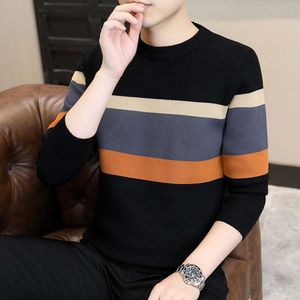 Новинка 2023 года, осенне-зимний мужской свитер, модная повседневная трикотажная рубашка с цветными блоками, верх с внутренней завязкой