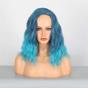 Synthetische Perücken, Perücke, schräger Pony, Stirnband für Damen, Perücke, blaue Perücke, kurzes lockiges Haar, synthetisches Faser-Stirnband