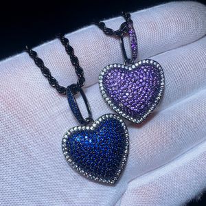 Trendy Iced Out Roxo Azul Cor Zircão Coração Amor Charme Pingente Colar com Corrente de Corda Hip Hop Mulheres Homens Completamente Pavimentada 5A Cubic Zirconia Boss Men Gift Jewelry