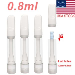 USA STOCK 0.8ml Full Ceramic Vape Cartridges E-cigarette Carts Atomizers Thick Oil Empty Glass Tank Snap in Tip Ceramic Coil Vaporizer 4 Holes 510 thread Lead Free Carts