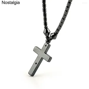 Pendant Necklaces Nostalgia Cross Black Hematite Bead Religious Jewlery Stone Necklace Christian Jewelry Jesus Christianity