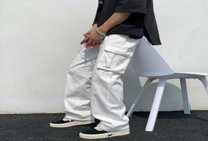 Preto branco calças casuais moda masculina solta reta perna larga homem streetwear hiphop bolso carga calças 52945281091873