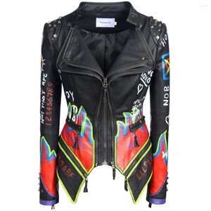 Kolorowa kurtka damska damska kurtka rysunkowa Nit Slim Pu sztuczny graffiti steampunk motocykl ręczny płaszcz streetwear