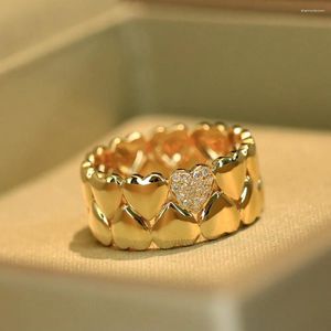 Klusterringar unice trendig äkta 18k massiv gula guld smycken au750 natrual diamanter dubbel rad hjärtan bred cocktail för kvinnor gåva