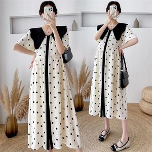 Moderskapsklänningar 1711# Summer Polka Dot Printed Chiffon Maternity Long Party Dress Elegant A Line Loose Clothes For Pregnant Women Graviditet 230428