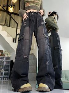 Jeans da donna Circyy strappati neri Y2k gamba larga con lacci Decorazione in metallo Streetwear Nappa Pantaloni dritti alla moda