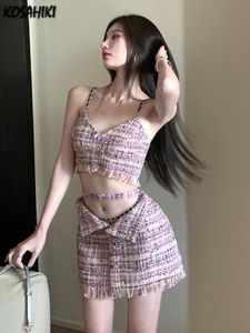 Camis Kosahiki Tweed Tassel Sexy Set Two Cost Set Women All Match Crow Tank Top+Mini High Waist 연필 스커트 한국 패션 Y2K 의상