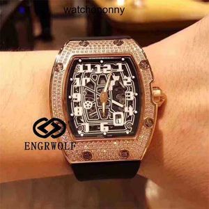 Designer Ri mlies Luxury watchs Barrel Watch Rm67-01 Series Wine Automatic Machine Full Diamond Rose Gold Black Tape Male
