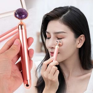 Helkroppsmassager Natural Stone Rose Gold Electric Roller Original Amethyst Quartz Jade Big Frequency Eye Massage Face Care Neck Detox Beauty Tool 231128