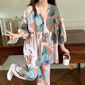 Women's Sleepwear 100% Cotton Floral Printed Ladies Kimono Style Pajamas Set Loose Thin V-Neck Three Quarte Sleeves 2Pcs Sleepwear Loose Homewear 230428