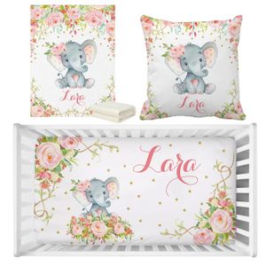 Sängkläder set Lvyziho Baby Girl Rose Elephant Set Custom Name Boho Crib Dusch Presentblad 231128