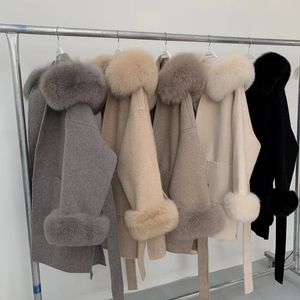 Pele feminina falso enfrentado lã senhoras jaqueta de inverno com capuz casaco luxuoso real perder roupas cashmere duplo 231127