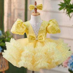 Arabic Sequined Tutu Flower Girl Ball Gowns Child Pageant Dresses Yeallow Shiny Gown Beautiful Little Kids Christmas Bling Birthday Dress 403