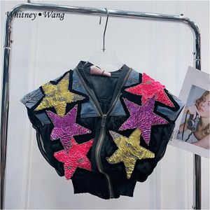 Waistcoats Whitney Wang Designer Style 2022 Summer Fashion Streetwear Coloful Sequins Stars Patchwork denim Vest Coat Women