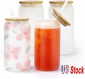 Stock US 16oz Sublimation Glass Tumblers Beer Mugs Shaped Can Drinking Ice Coffee Soda Glasses Cups with Bamboo Lid 0428 es