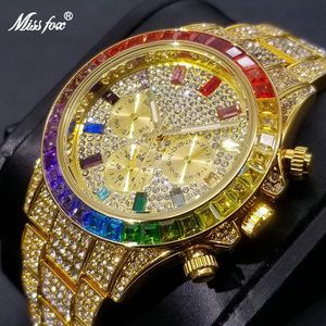 Outros relógios MISSFOX Mens Relógios Coloridos Full Diamond Luxo Ice Out Calendário Quartz Relógios Fashion Week Display Relógio Impermeável 231127