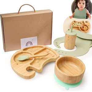 Copas de pratos utensílios de 5pc Ferramentas de alimentação de bebês Definir Bibs de silicone de grau de alimento Bibs Bambu Bamboo Plato de madeira Tigias de palha