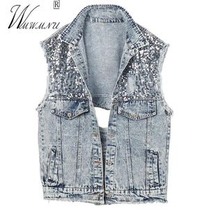 Waistcoats Streetwear Denim Vest Women Design Sequins Sleeveless y2k Jacket Korean Fashion Jeans Vest Wash Loose Cowboy Top Crop Cardign