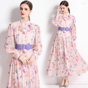 Casual Dresses Luxury Chiffon Designer Clothes Ladies Chic Print Stand Collar Lantern Sleeve Belt Beach Holiday Party A Line