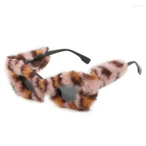 Gafas de sol de moda para mujer, gafas de sol tipo ojo de gato, gafas de sol de felpa de invierno, gafas divertidas con decoración para fiesta, montura peluda de leopardo a la moda