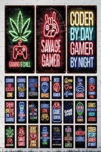 Metallmålning Retro Tin Sign Neon Art Gamer Boy Spela Games Eating målning Hem vardagsrum Dekor unikt Metal Sign Board T2209408612