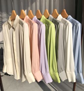 Frühling Sommer Lavendel Einfarbig Seidenbluse Shirt Langarm Revers Hals Knöpfe Einreihige Top Shirts H3F27JYDQ