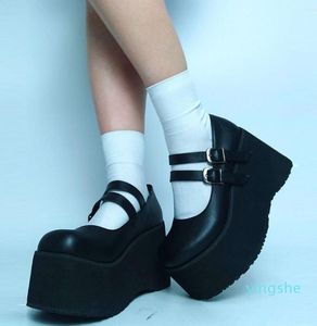 Abendschuhe 2023 Gothic Schwarz Mary Janes Pumps Cool Sweet Chunky Platform Wedges High Heeled Cute Woman 2 Schnallenriemen