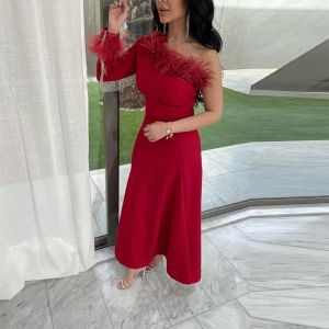 Sexy Short One Shoulder Crepe Evening Dresses Full Sleeves with Feathers A Line Ankle Length Party Gowns for Women
