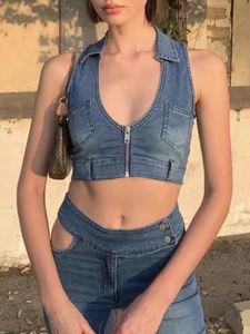 Tops Harajuku Denim Y2k Crop Top Cool Girl Sexy Corset Lapel Deep Vneck Zipper Tank Women Tube