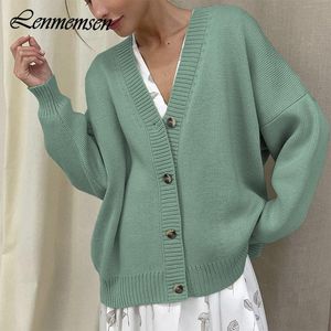 Cardigans Lenmemmen Модный свободный кардиганский свитер Женщины Осень Зимняя Внек с длинным рукавом трикотажный свитер.