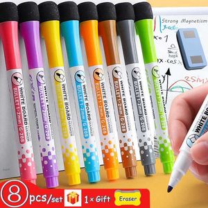 12pcsWatercolor Brush 8 Colors Dry Erase Markers Fine Tip Magnetic Erasable Whiteboard Pens for Kids Teachers Office School Home Classroom P230427