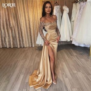 Party Dresses Lorie Glitter Champagne Mermaid Evening Sparkly Off Shoulder Plemsed Prom Dress Sexig High Side Slit Brud Gowns 230427