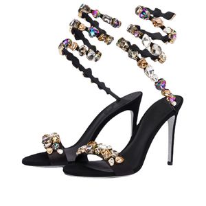 New Mixed Colors Crystal Ankle Wrap Strap Sandals 2023 Summer Sexy Womens Banquet Stilettos High Heels Big Size 43 44 45 46