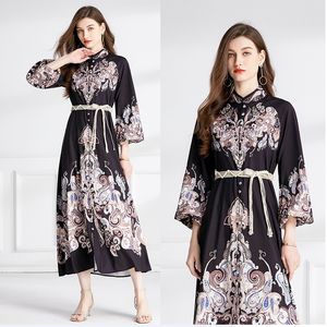 Woman Black Casual Party Floral Maxi Dress Designer Robe Long Sleeve Stand Collar Lace Up Vacation Elegant Fitted Dresses 2023 Spring Fall High Waist Runway Frocks